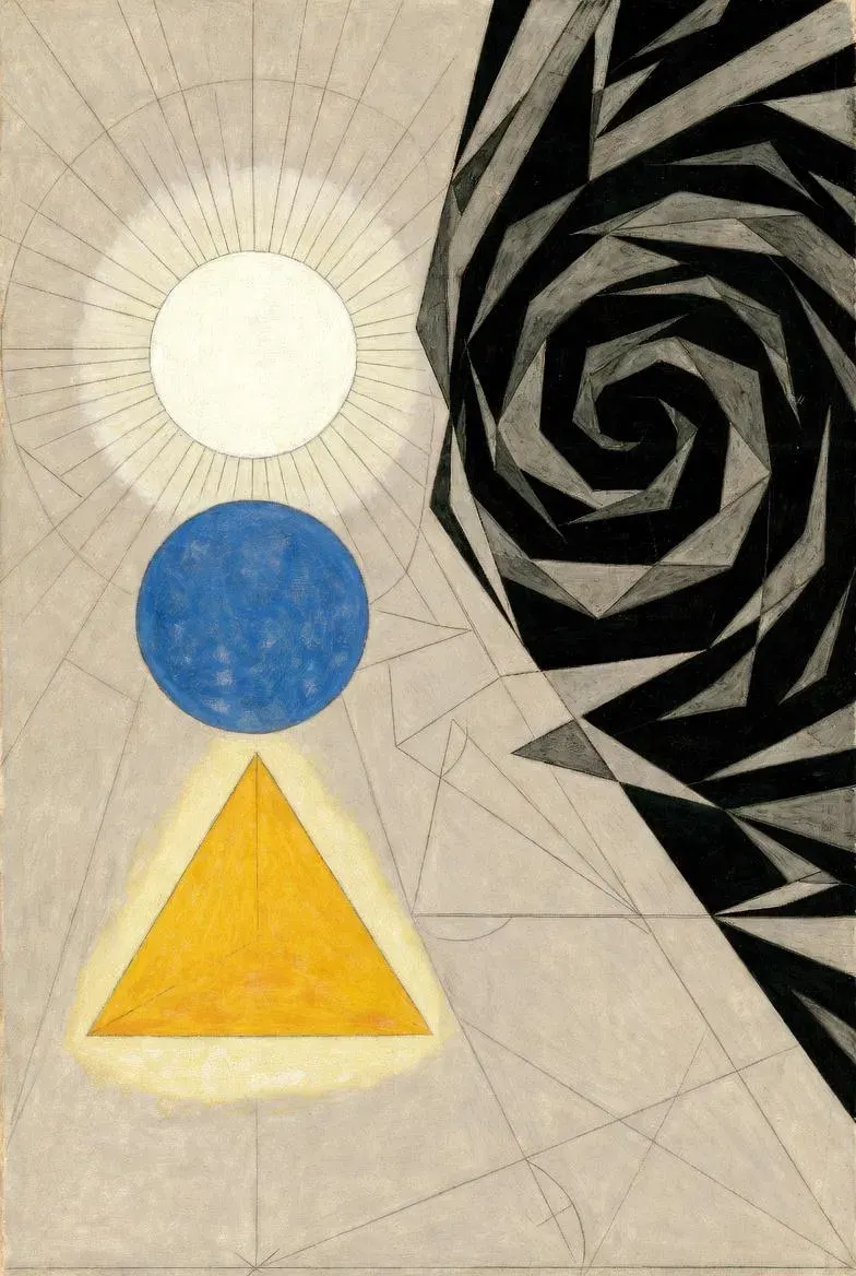 Peinture symbolique, cercle blanc, sphère bleue, triangle jaune