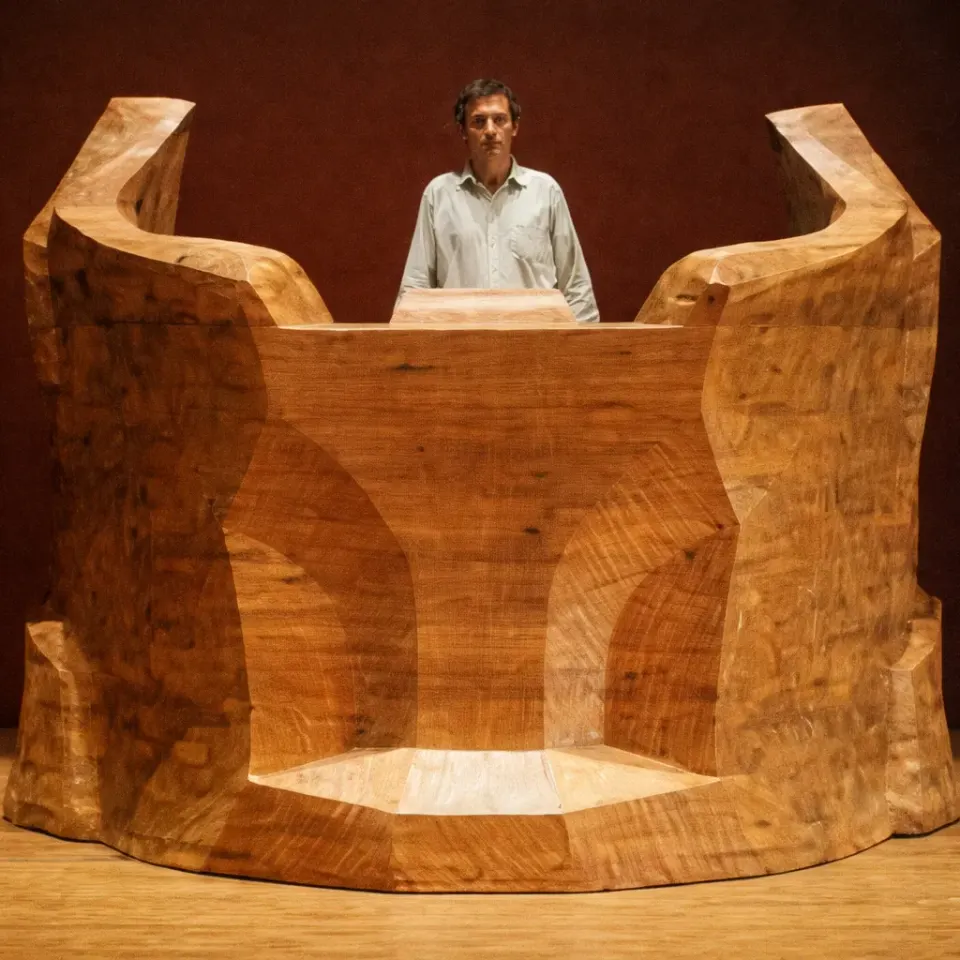 Homme derrière un grand pupitre sculpté en bois massif