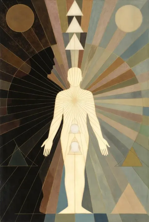 Peinture symbolique : silhouette humaine claire, soleil, lune, triangles